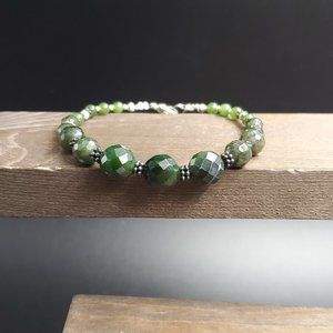 7 Inch Sterling Silver Green Nephrite Faceted Stones Bracelet